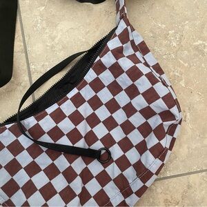 (NWOT) BAGGU Medium Nylon Crescent Bag - Brown and Blue Check